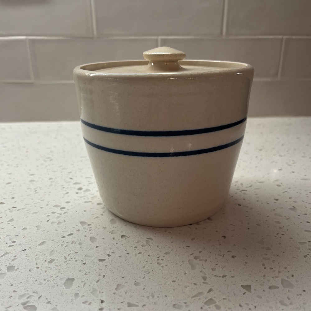 Vintage Stoneware Crock with Lid, cream with blue stripes.